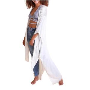 White Frayed Kimono Open Grid Fabric One Size Casual Fringes Wrap Duster…